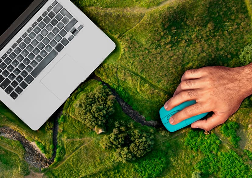 Laptop surrounded by nature, symbolizing sustainable technology